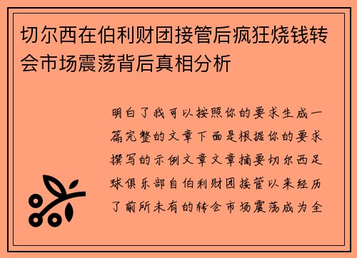 切尔西在伯利财团接管后疯狂烧钱转会市场震荡背后真相分析 切尔西在伯利财团接管后疯狂烧钱转会市场震荡背后真相分析
